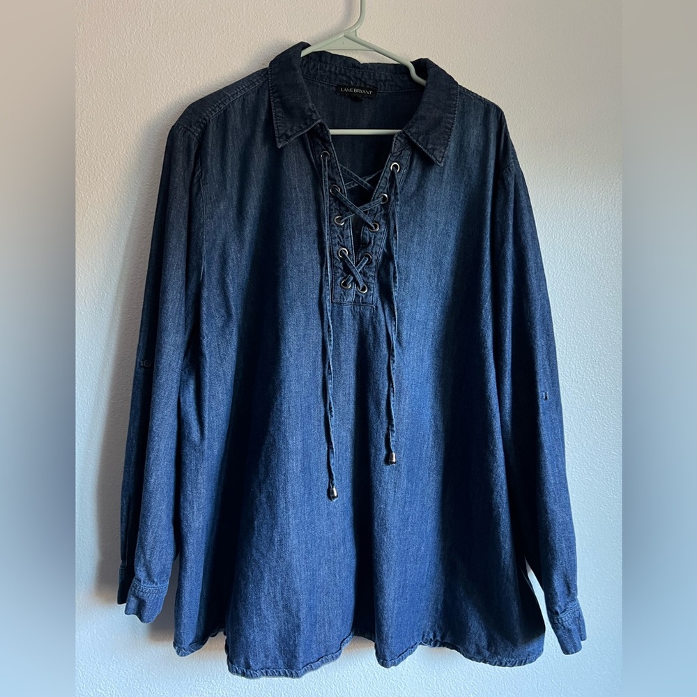 Lane Bryant‎ Plus Lace-Up Denim Roll Tab Sleeves Blue Tunic Top Size 26/28